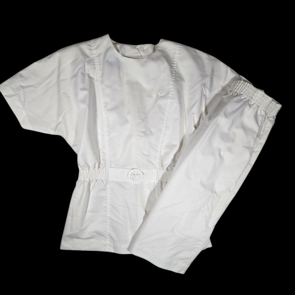 Vintage White Swan Scrub Nurse Uniform Top & Skirt Set White sz 14P made in USA